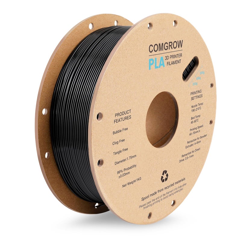 Comgrow PLA 3D Printer Filament, 3D Printer PLA Filament 1.75mm, Dimensional Accuracy +/- 0.02 mm, 1KG Spool PLA Black - Image 1